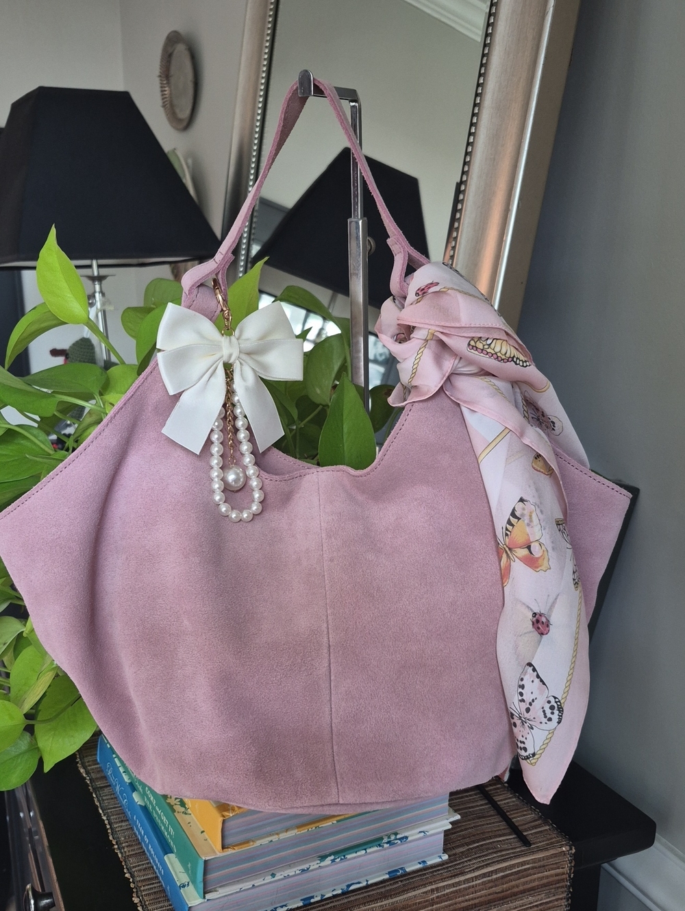 M.I.L.A. Emma Bubblegum Soft Pink Suede Shoulder Bag with Bow & Pearl Charm